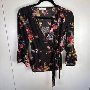 Meraki Womens Med Floral‎ Print Wrap Blouse Bell Sleeve Whimsy Goth Fairy Boho